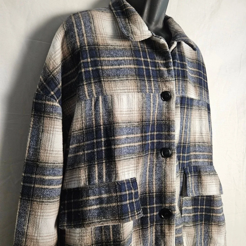 Stitch + Feather Plaid Oversized Shacket Jacket Women Blue‎ Tan White RN 149137
